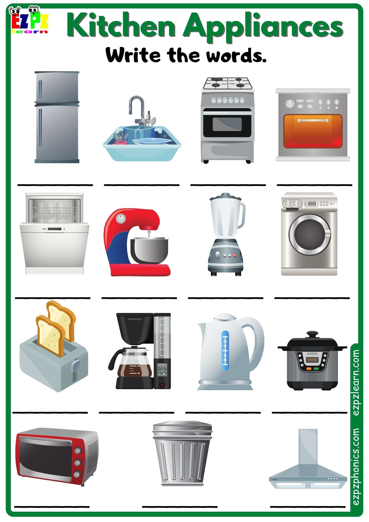 Kitchen Appliances Vocabulary Write the Words Free PDF Download